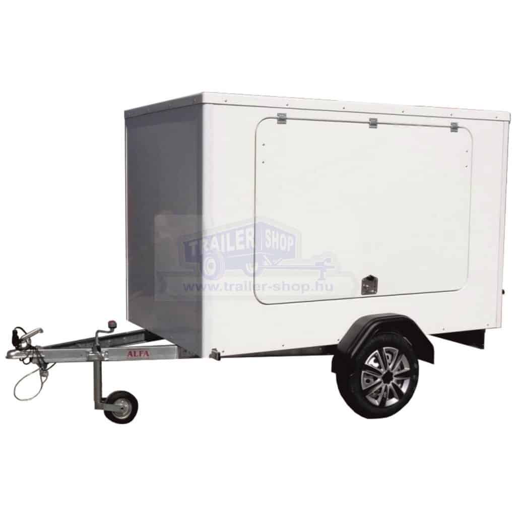 ALFA Modulo 12213MPK.75.1 dobozos egytengelyes H:2,18 x Sz:1,32 x M:1,38m méretű, 750kg, fék nélküli zárt utánfutó, 2 hátsó ajtóval, fix oldalfalakkal