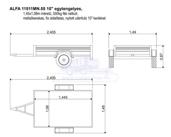 ALFA 11511MN.55 10" egytengelyes, 1,45x1,08m méretű, 550kg fék nélküli, mellsőkerekes fix oldalfalas nyitott utánfutó 10" kerékkel