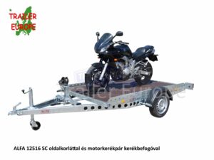 ALFA 12516MP.75SC egytengelyes 2,56x1,6m méretű, 750kg fék nélküli mellsőkerekes süllyeszthető uniplatós síkplatós motorszállító és quadszállító utánfutó