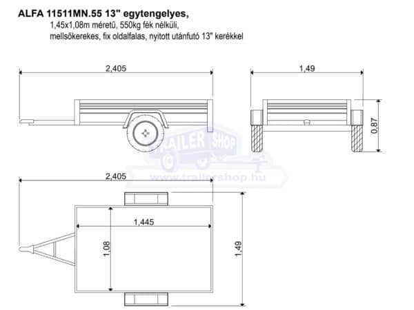 ALFA 11511MN.55 13″ egytengelyes 1,45x1,08m méretű, 550kg fék nélküli, mellsőkerekes fix oldalfalas nyitott utánfutó 13″ kerékkel