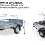 ALFA 12011MN.75 egytengelyes, 2,0x1,08m méretű, 750kg fék nélküli, mellsőkerekes fix oldalfalas nyitott utánfutó