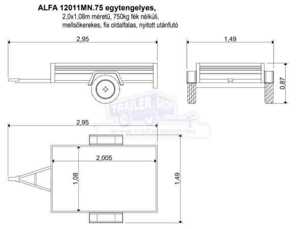 ALFA 12011MN.75 egytengelyes, 2,0x1,08m méretű, 750kg fék nélküli, mellsőkerekes fix oldalfalas nyitott utánfutó