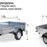 ALFA 12013MN.75 egytengelyes, 2,00x1,25m méretű, 750kg fék nélküli, mellsőkerekes fix oldalfalas nyitott utánfutó