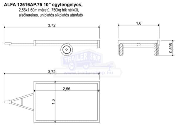 ALFA 12516AP.75 10", 2,56x1,60m méretű, 750kg egytengelyes fék nélküli alsókerekes uniplatós síkplatós utánfutó