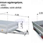 ALFA 13015MN.75L Alu Alumínium egytengelyes, 2,95x1,45m méretű, 750kg fék nélküli, mellsőkerekes laprugós fix alu oldalfalas nyitott utánfutó