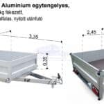ALFA-B 22515MN.100Alu Alumínium egytengelyes, 2,45x1,45m méretű, 1000kg fékezett mellsőkerekes fix alu oldalfalas nyitott utánfutó