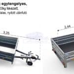 ALFA-B 22515MN.100-ig egytengelyes, 2,44x1,44m méretű, 1000kg, fékezett mellsőkerekes fix oldalfalas utánfutó