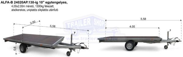 ALFA-B 24020AP.130-ig 10" egytengelyes 4,0x2,0m méretű, 1300kg, fékezett alsókerekes uniplatós síkplatós utánfutó trailer, tréler