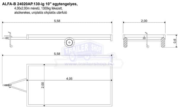 ALFA-B 24020AP.130-ig 10" egytengelyes 4,0x2,0m méretű, 1300kg, fékezett alsókerekes uniplatós síkplatós utánfutó trailer, tréler
