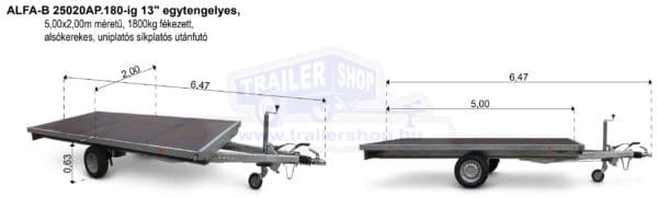 ALFA-B 25020AP.180-ig 13" egytengelyes 5,0x2,0m méretű, 1800kg, fékezett alsókerekes uniplatós síkplatós utánfutó trailer, tréler és autószállító tréler