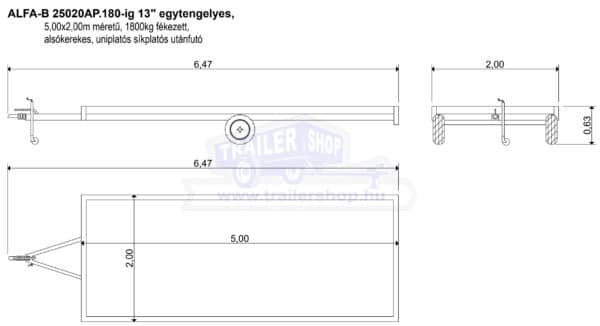 ALFA-B 25020AP.180-ig 13" egytengelyes 5,0x2,0m méretű, 1800kg, fékezett alsókerekes uniplatós síkplatós utánfutó trailer, tréler és autószállító tréler