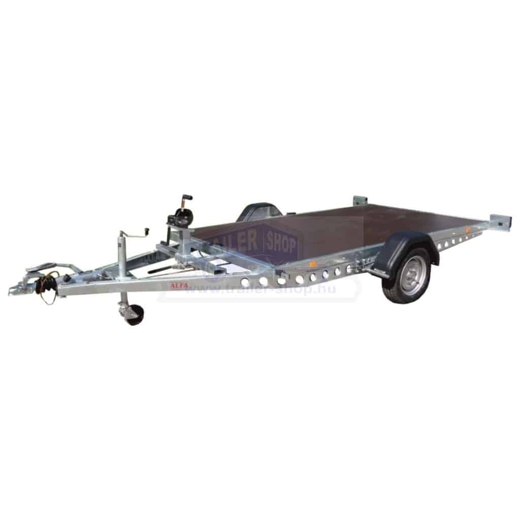 ALFA-B 23016MP.130SC egytengelyes, 3,0×1,6m méretű, 1300kg, fékezett, mellsőkerekes, uniplatós, síkplatós, süllyeszthető utánfutó