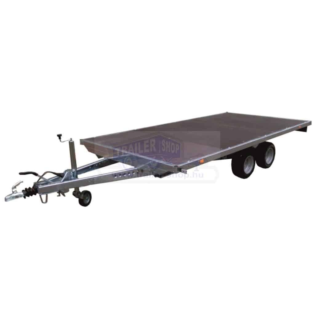 ALFA-T 42516AP.130-ig 10" kéttengelyes, 2,56x1,6m méretű, 1300kg, fékezett, alsókerekes, síkplatós, uniplatós utánfutó, trailer