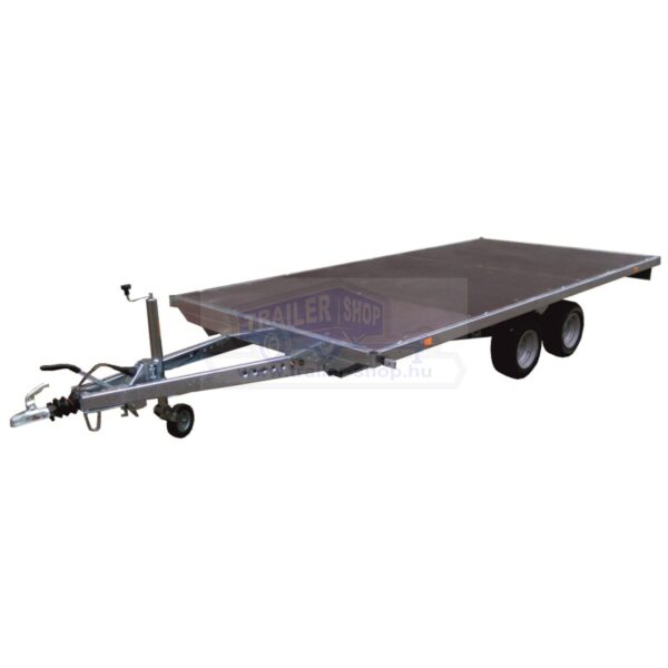 ALFA-T 42516AP.130-ig 10" kéttengelyes, 2,56x1,6m méretű, 1300kg, fékezett, alsókerekes, síkplatós, uniplatós utánfutó, trailer