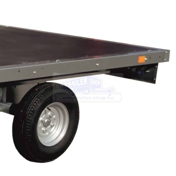 ALFA-T 42516AP.130-ig 10" kéttengelyes, 2,56x1,6m méretű, 1300kg, fékezett, alsókerekes, síkplatós, uniplatós utánfutó, trailer