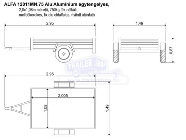 ALFA 12011MN.75 Alu Alumínium egytengelyes, 2,0x1,08m méretű, 750kg fék nélküli, mellsőkerekes fix alu oldalfalas nyitott utánfutó