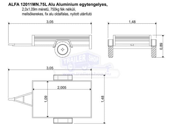 ALFA 12011MN.75L Alu Alumínium egytengelyes, 2,0x1,09m méretű, 750kg fék nélküli, mellsőkerekes fix alu oldalfalas nyitott utánfutó
