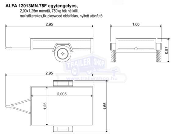 ALFA 12013MN.75F egytengelyes, 2,0x1,25m méretű, 750kg fék nélküli, mellsőkerekes fix playwood oldalfalas nyitott utánfutó