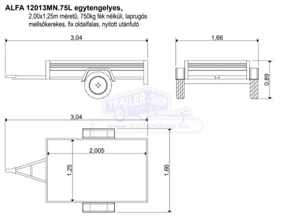 ALFA 12013MN.75L egytengelyes, 2,0x1,2m méretű, 750kg fék nélküli, mellsőkerekes fix alu oldalfalas nyitott utánfutó