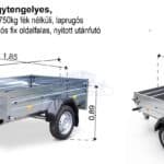 ALFA 12015MN.75L egytengelyes, 2,0x1,45m méretű, 750kg fék nélküli, mellsőkerekes laprugós fix oldalfalas nyitott utánfutó