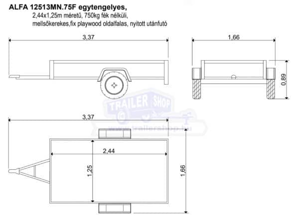 ALFA 12513MN.75F egytengelyes, 2,44x1,25m méretű, 750kg fék nélküli, mellsőkerekes fix playwood oldalfalas nyitott utánfutó