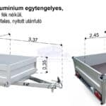 ALFA 12513MN.75L Alu Alumínium egytengelyes, 2,45x1,45m méretű, 750kg fék nélküli, mellsőkerekes fix alu oldalfalas nyitott utánfutó