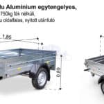 ALFA 12515MN.75L Alu Alumínium egytengelyes 2,45x1,45m méretű, 750kg fék nélküli, mellsőkerekes fix alu oldalfalas nyitott utánfutó