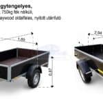 ALFA 13015MN.75F egytengelyes, 2,94x1,44m méretű, 750kg fék nélküli, mellsőkerekes fix playwood oldalfalas nyitott utánfutó