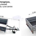 ALFA-B 22515MN.75L egytengelyes, 2,44x1,44m méretű, 750kg, fékezett mellsőkerekes fix oldalfalas utánfutó