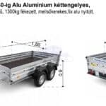 ALFA-T 43015MN.130 Alu Alumínium kéttengelyes, 2,95x1,45m méretű, 1300kg fékezett mellsőkerekes fix alu oldalfalas nyitott utánfutó