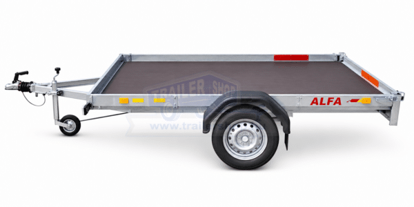 ALFA 12513MN.75A 10" EASY egytengelyes, 2,44x1,25m méretű, 750kg, fék nélküli, mellsőkerekes fix oldalfalas nyitott utánfutó