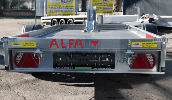 ALFA 12518AP.75 10", 2,56x1,80m méretű, 750kg egytengelyes fék nélküli alsókerekes uniplatós síkplatós motorszállító és quadszállító utánfutó