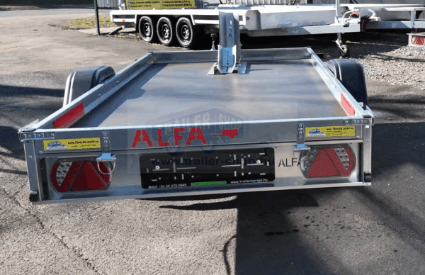 ALFA 12518AP.75 10", 2,56x1,80m méretű, 750kg egytengelyes fék nélküli alsókerekes uniplatós síkplatós motorszállító és quadszállító utánfutó
