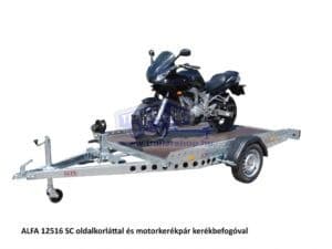 ALFA 12516MP.75SC egytengelyes 2,56x1,6m méretű, 750kg fék nélküli mellsőkerekes süllyeszthető uniplatós síkplatós motorszállító és quadszállító utánfutó