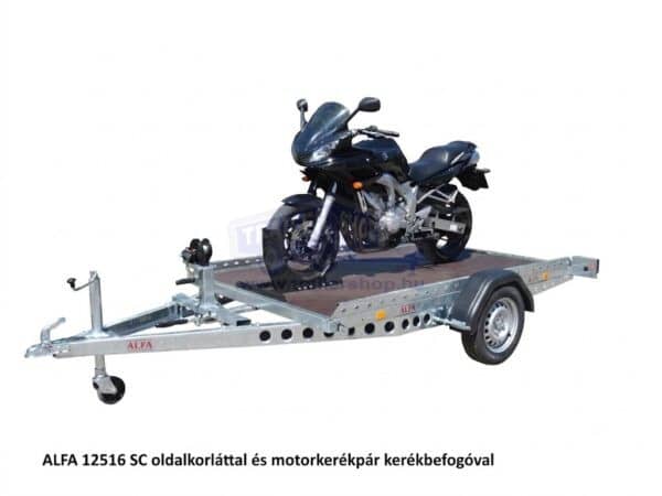 ALFA-B 23016MP.130SC egytengelyes 3,0x1,6m méretű, 1300kg, fékezett, mellsőkerekes uniplatós síkplatós süllyeszthető motorszállító és quadszállító utánfutó