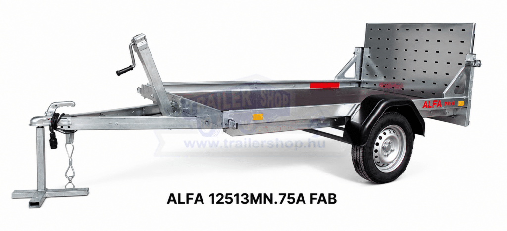 ALFA 12513MN.75A FAB egytengelyes, 2,44x1,25m méretű, 750kg fék nélküli, mellsőkerekes, síkplatós, felhajtó ajtós, dönthető utánfutó