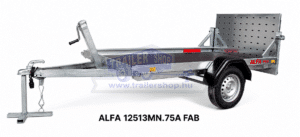 ALFA 12513MN.75A FAB egytengelyes, 2,44x1,25m méretű, 750kg fék nélküli, mellsőkerekes, síkplatós, felhajtó ajtós, dönthető utánfutó