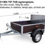 ALFA 11511MN.75F FAB egytengelyes, 1,45x1,08m méretű, 750kg fék nélküli mellsőkerekes fix oldalfalas felhajtó ajtós dönthető utánfutó