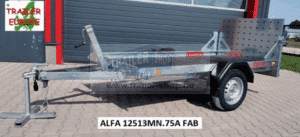 ALFA 12513MN.75A FAB egytengelyes 2,44x1,25m méretű, 750kg fék nélküli mellsőkerekes síkplatós felhajtó ajtós dönthető utánfutó