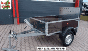 ALFA 11511MN.75F FAB egytengelyes 2,4x1,5m méretű, 750kg fék nélküli mellsőkerekes fix oldalfalas felhajtó ajtós dönthető utánfutó