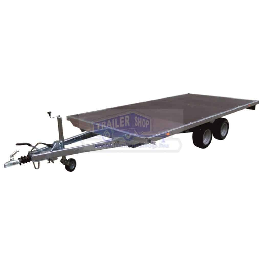 ALFA-T 45020AP.300-ig 13" kéttengelyes, 5,0x2,0m méretű, 3000kg, fékezett, alsókerekes, síkplatós, uniplatós utánfutó, trailer, tréler és autószállító tréler