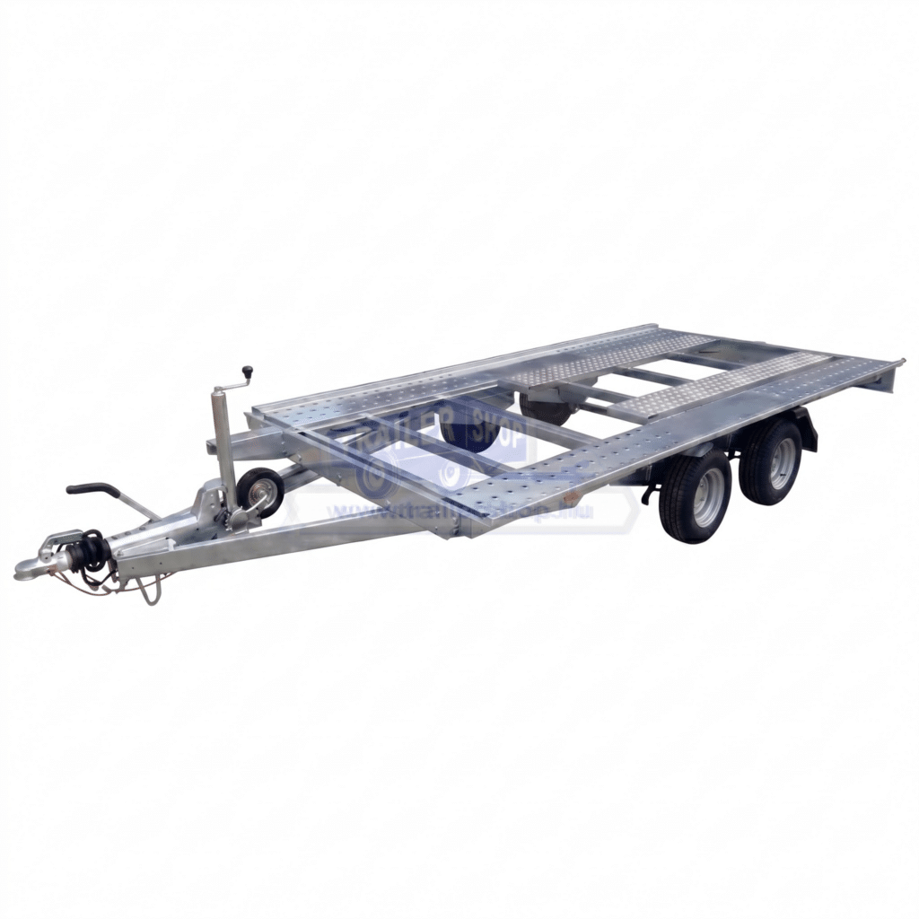 ALFA-T 44021APA.270-ig 10″ kéttengelyes, 4,0x2,0m méretű, 2700 kg össztömegű, fékezett, alsókerekes, autószállító tréler, felhajtó rámpával