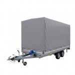 ALFA-T 45020AP.300-ig 13" kéttengelyes, 5,0x2,0m méretű, 3000kg, fékezett, alsókerekes, síkplatós, uniplatós utánfutó, trailer, tréler és autószállító tréler PONYVÁVAL