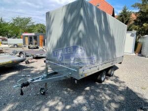 ALFA-T 44020AP.270-ig 10" kéttengelyes, 4,05x2,0m, 2700kg, fékezett, alsókerekes, síkplatós, uniplatós utánfutó, trailer, tréler és autószállító tréler PONYVÁVAL