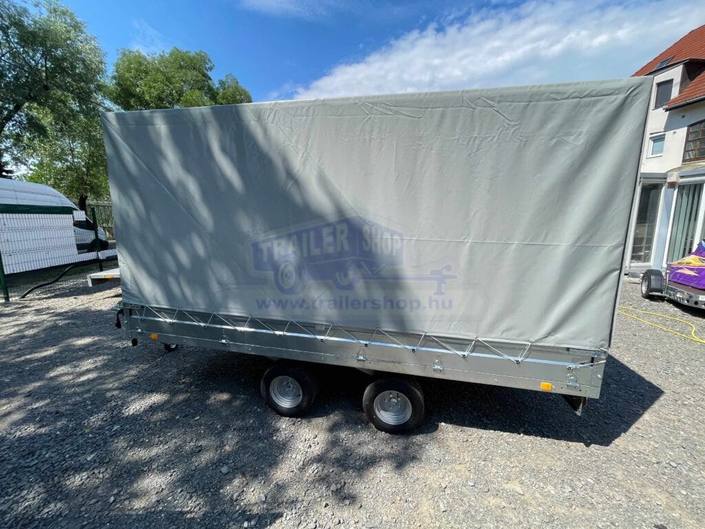 ALFA-T 44020AP.200-ig 10" kéttengelyes, 4,05x2,0m, 2000kg, fékezett, alsókerekes, síkplatós, uniplatós utánfutó, trailer, tréler és autószállító tréler PONYVÁVAL