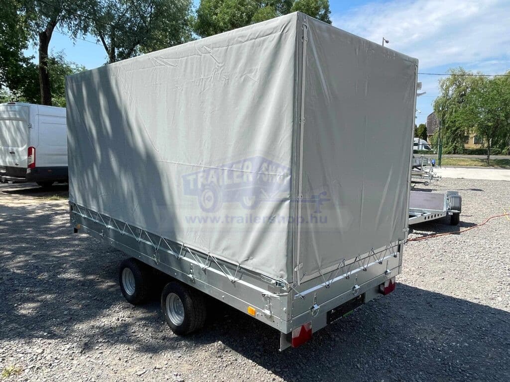 ALFA-T 44020AP.200-ig 10" kéttengelyes, 4,05x2,0m, 2000kg, fékezett, alsókerekes, síkplatós, uniplatós utánfutó, trailer, tréler és autószállító tréler PONYVÁVAL