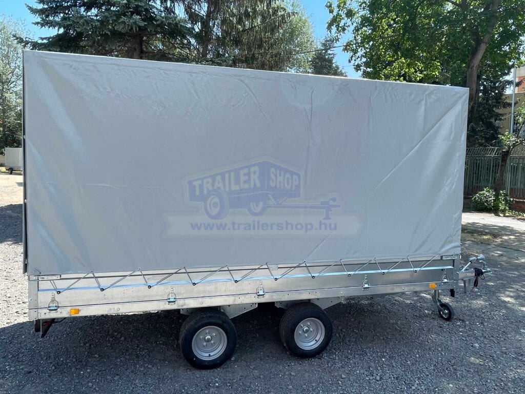 ALFA-T 44020AP.200-ig 10" kéttengelyes, 4,05x2,0m, 2000kg, fékezett, alsókerekes, síkplatós, uniplatós utánfutó, trailer, tréler és autószállító tréler PONYVÁVAL