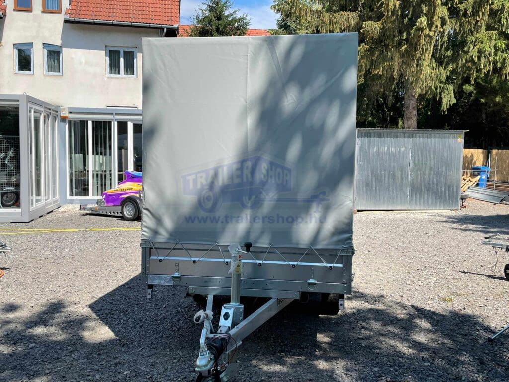 ALFA-T 44020AP.200-ig 10" kéttengelyes, 4,05x2,0m, 2000kg, fékezett, alsókerekes, síkplatós, uniplatós utánfutó, trailer, tréler és autószállító tréler PONYVÁVAL