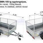 ALFA-B 23015MN.100-ig egytengelyes, 2,94x1,44m méretű, 1000kg fékezett mellsőkerekes fix oldalfalas utánfutó RÁCCSAL