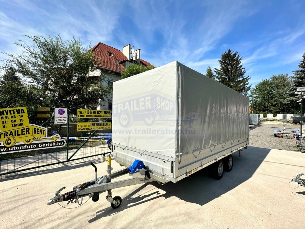 ALFA-T 45020AP.300-ig 13" kéttengelyes, 5,0x2,0m méretű, 3000kg, fékezett, alsókerekes, síkplatós, uniplatós utánfutó, trailer, tréler és autószállító tréler PONYVÁVAL